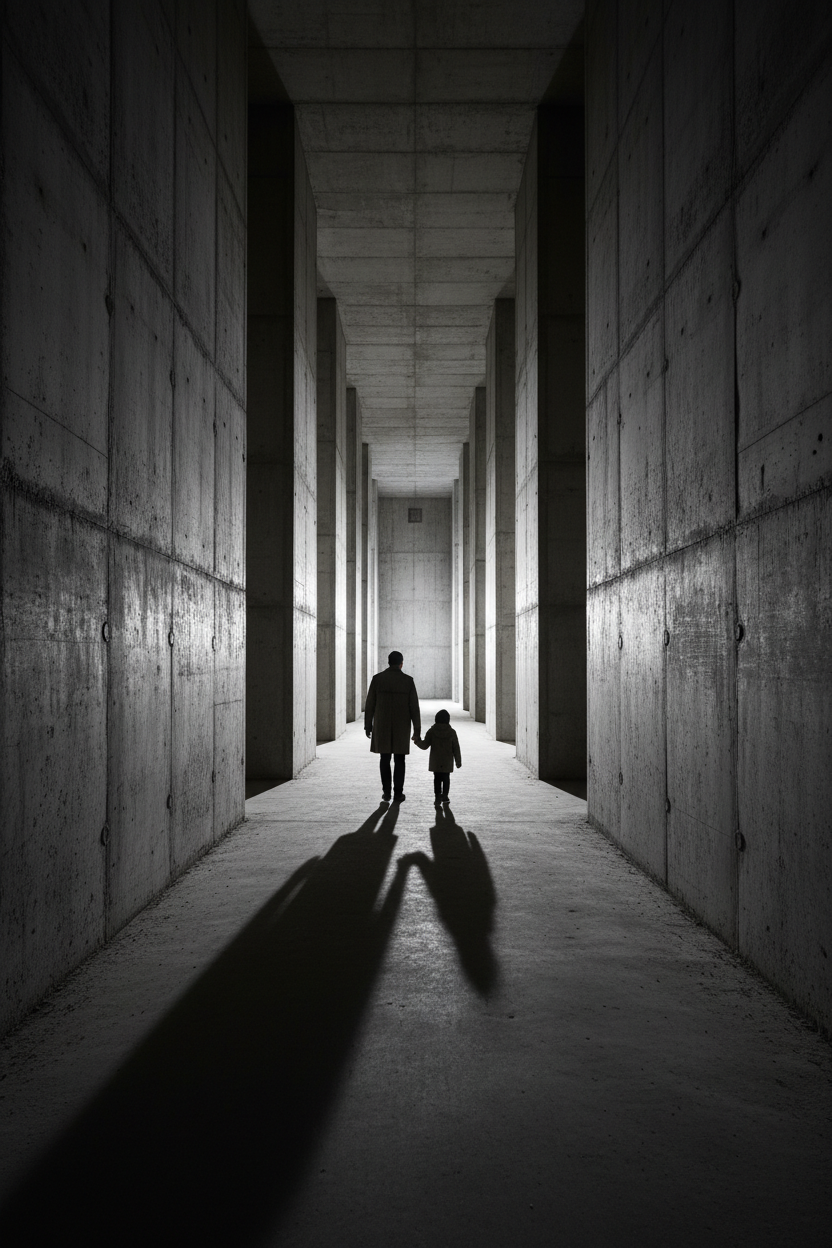 Dark moody brutalist hallway